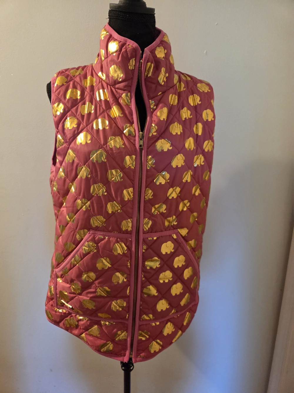 Simply Southern Pink Quilted Vest with Gold Elephant Print